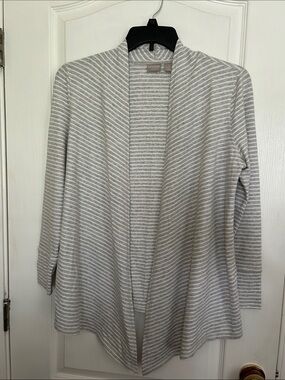 Chico's Striped Open Front Draped Cardigan - Size 0 (US 4-6) Light Gray & White